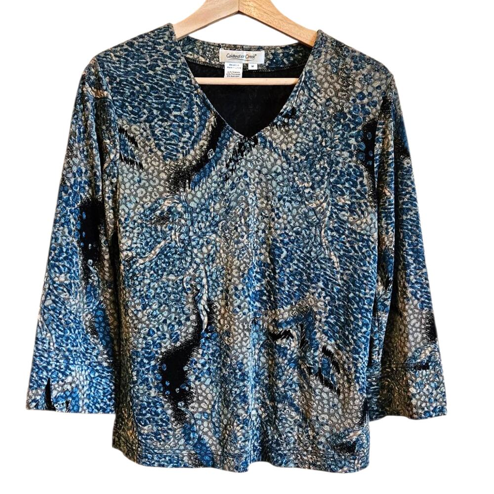 Coldwater Creek Blouse VNeck Textured Blue Black Tan Women's Medium